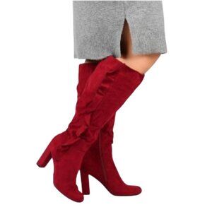 Journee Collection Women Red Knee-High Heeled Boots With Ruffle Detail Size 9